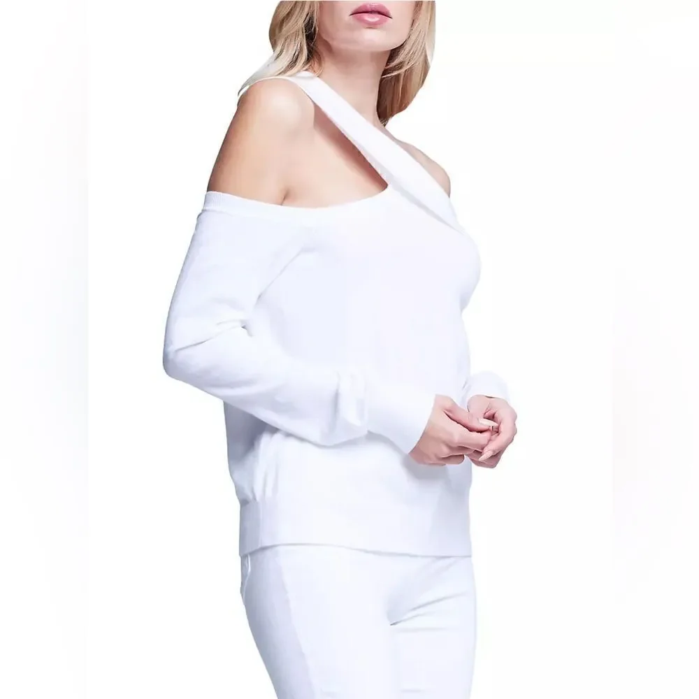 L'AGENCE NWT Minnie Asymmetric Off-The-Shoulder Knit Sweater White Size Large